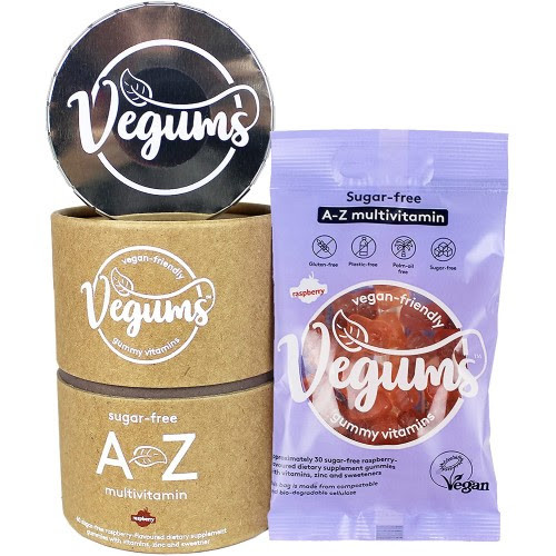 Vegums Raspberry Sugar Free  A-Z Multivitamins 60 Gummies Starter Pack Tube with Tin